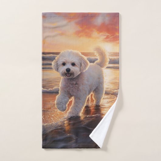 Sandy Paws Bichon Frise Dog on Beach Sunset Badhandtuch Set (Handtuch)