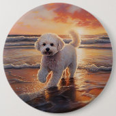 Sandy Paws Bichon Frise Dog on Beach Sunset Button (Vorderseite)