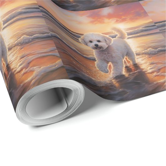 Sandy Paws Bichon Frise Dog on Beach Sunset Geschenkpapier (Rolleneckpunkt)