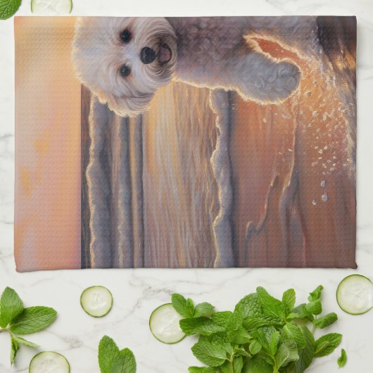 Sandy Paws Bichon Frise Dog on Beach Sunset Geschirrtuch (Gefaltet)