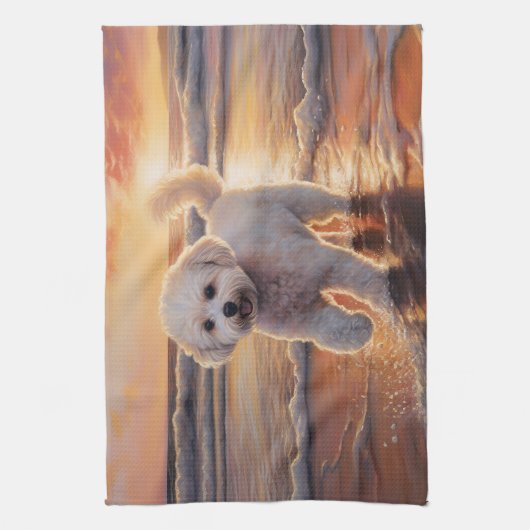 Sandy Paws Bichon Frise Dog on Beach Sunset Geschirrtuch (Vertikal)