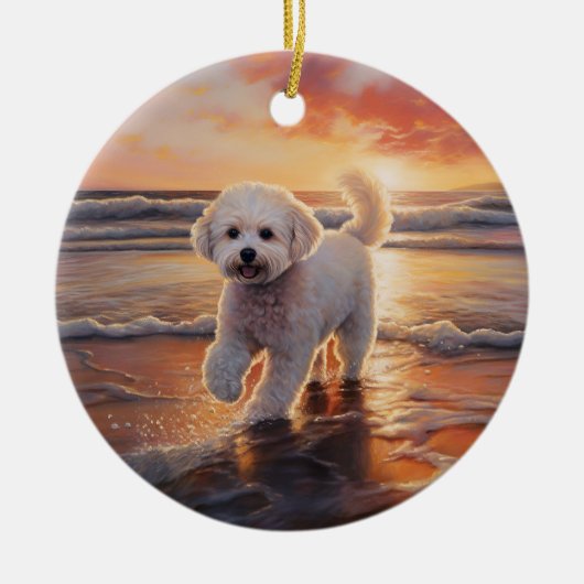 Sandy Paws Bichon Frise Dog on Beach Sunset Keramik Ornament (Vorne)