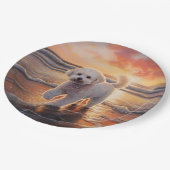 Sandy Paws Bichon Frise Dog on Beach Sunset Pappteller (Schrägansicht)
