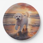 Sandy Paws Bichon Frise Dog on Beach Sunset Pappteller (Vorderseite)