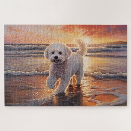 Sandy Paws Bichon Frise Dog on Beach Sunset Puzzle (Horizontal)