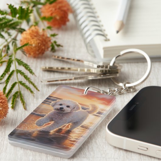 Sandy Paws Bichon Frise Dog on Beach Sunset Schlüsselanhänger (Vorderseite rechts)