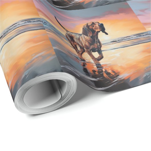 Sandy Paws Bloodhound Dog on Beach Sunset Geschenkpapier (Rolleneckpunkt)