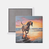 Sandy Paws Bloodhound Dog on Beach Sunset Magnet (Vorderseite/Rückseite)