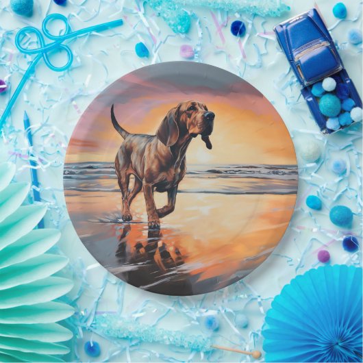 Sandy Paws Bloodhound Dog on Beach Sunset Pappteller (Party)