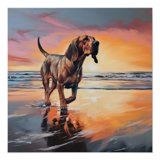Sandy Paws Bloodhound Dog on Beach Sunset Poster (Vorderseite)