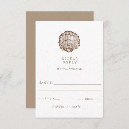 Sandy Seashells Marine Ocean Beach Wedding RSVP Karte (Vorne/Hinten)