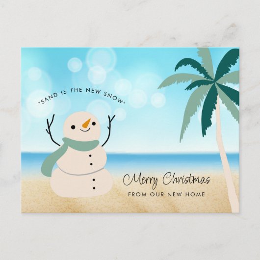 Sandy Snowman Palm Tree on Beach New Zuhause Ankündigungspostkarte (Vorderseite)