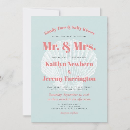 Sandy Toes Aqua Coral Seashell Beach Wedding Einladung (Vorderseite)