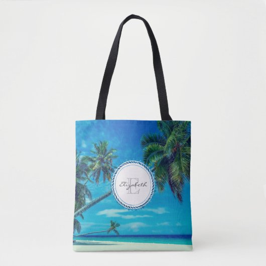 Sandy White Beach mit Tropical Palms Monogram Tasche (Vorderseite)