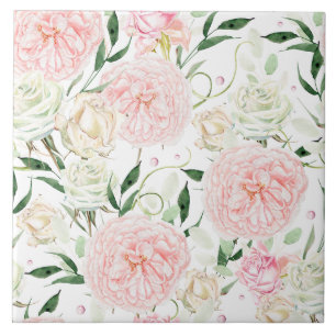 Sanft roséfarbene Pfingstrose & Rosen-Aquarell-Blu Fliese