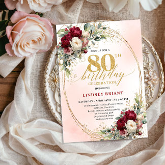 Sanfte Aquarell-Bordeaux-Blumen zum 80. Geburtstag Einladung