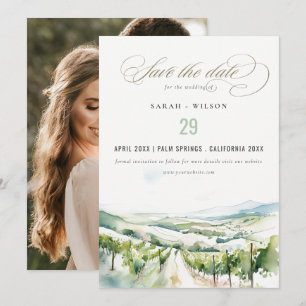 Sanfte Aquarell-Weinlandschaft-Hochzeitsfoto Save The Date