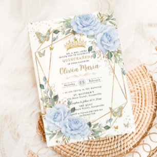 Sanfte Baby-Blau-Blumen-Schmetterlinge-Gold-Quince Einladung
