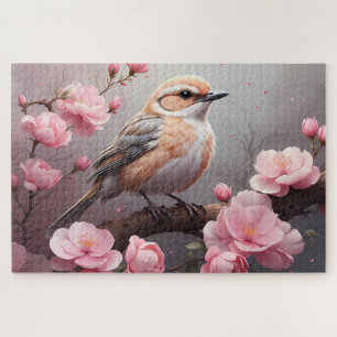 Sanfte beige Vogeldarstellung mit rosa Blüten Puzzle