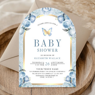 Sanfte blaue Blumenbogen-Schmetterling-Baby-Party Einladung