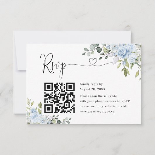 Sanfte Blaue Botanische Hochzeits-Website QR-Code  RSVP Karte (Vorderseite)