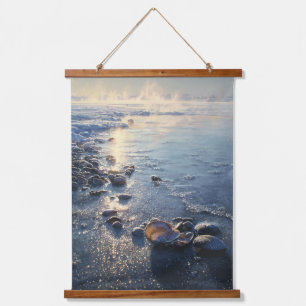 Sanfte Blaue Morgendämmerung Küstenlandschaft Wandteppich Mit Holzrahmen