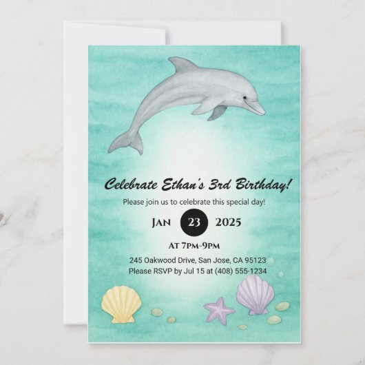 Sanfte Blaue Ozean-Delfin-Illustration Geburtstag Einladung (Vorderseite)