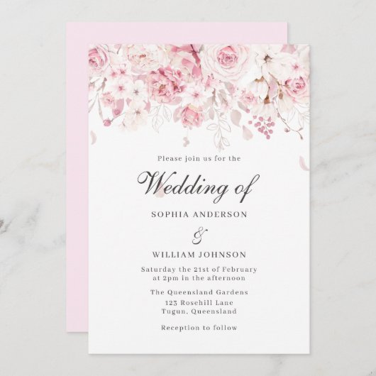 Sanfte Blush Pink Roses Elegante Blumenhochzeit Einladung (Vorne/Hinten)