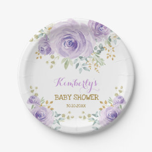 Sanfte Boho-Lavendel-Gold-Blumen-Baby-Party Pappteller