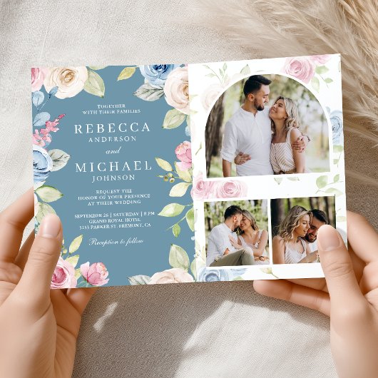 Sanfte Frühlingsblumen Staubblau QR-Code Hochzeit Einladung