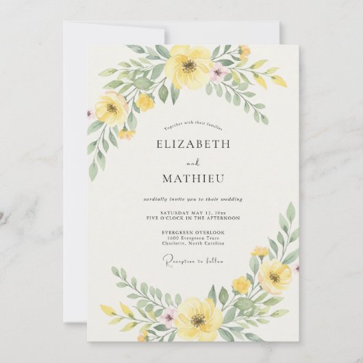 Sanfte gelbe blättrige Hochzeit Einladung (Vorderseite)