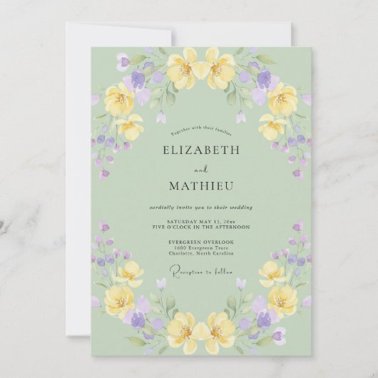 Sanfte gelbe Lavendel-Mohn-Hochzeit Einladung (Vorderseite)