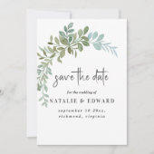 Sanfte grüne Eukalyptus-Aquarell-Rustico-Hochzeit Save The Date (Vorderseite)