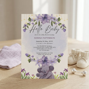 Sanfte Lavendel-Koala-Blumen-Aquarell-Baby-Party Einladung