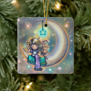Sanfte Nacht kleines Mädchen und Kätzchen auf dem Keramikornament