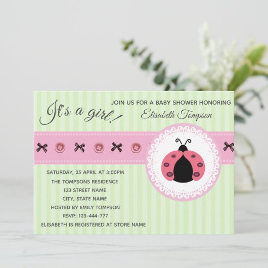 Sanfte, Niedliche, moderne Ladybugs mit Babydusche Einladung (Stehend Vorderseite)