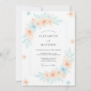 Sanfte Pfirsich-Aquamarin-Pfingstrosen-Hochzeit Einladung