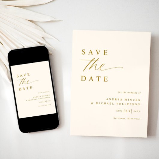 Sanfte Romantische Creme- und Gold-Hochzeit Save The Date