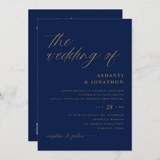 Sanfte romantische Marine und Gold auf einer Hochz Einladung (Vorne/Hinten)