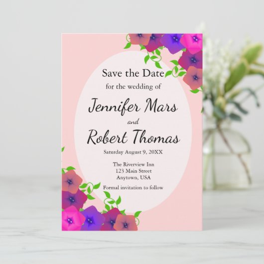Sanfte romantische Rosa Petunia Save The Date (Stehend Vorderseite)