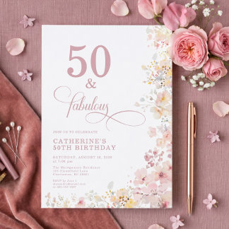 Sanfte rosa Aquarell-Einladung zum 50. Geburtstag Einladung