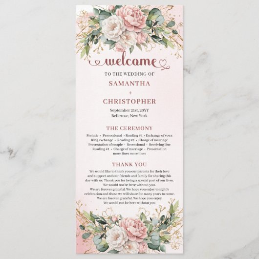 Sanfte Rosa Blumen Eukalyptus Hochzeitsprogramm Programm (Vorderseite)