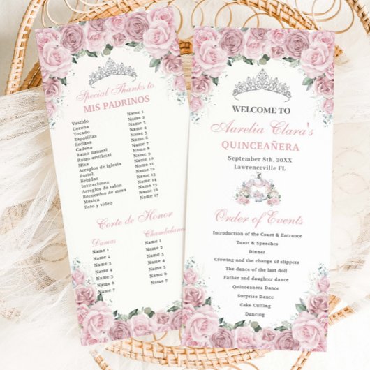 Sanfte Rosa Florale Kutsche Quinceañera Feiern buc Programm
