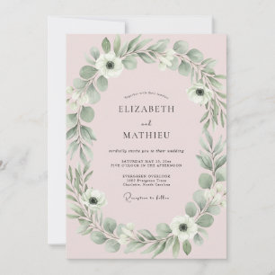 Sanfte rosa Laub-Eukalyptus-Hochzeit Einladung