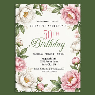 Sanfte rosa Magnolie und Pfingstrose 50. Geburtsta Einladung