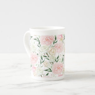 Sanfte Rosa Pfingstrose- und Rosen-Aquarell-Blumen Porzellantasse