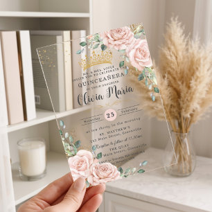 Sanfte Rosa Rosen Florale Goldene Quinceanera Acryleinladungen