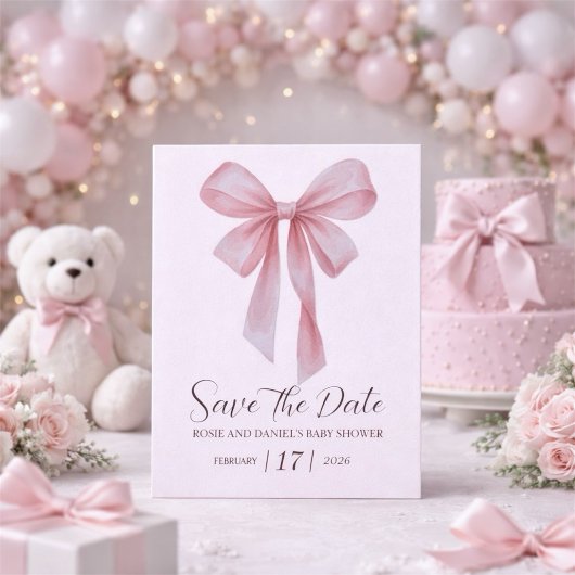 Sanfte Rosa-Schleife Mädchen Baby Shower Save The Date