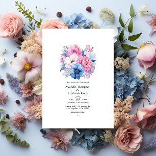 Sanfte rosa und blaue florale Hochzeit Einladung