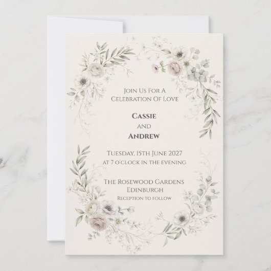 Sanfte Rosé-Grau-Blumenkranz-Hochzeit Einladung (Vorderseite)